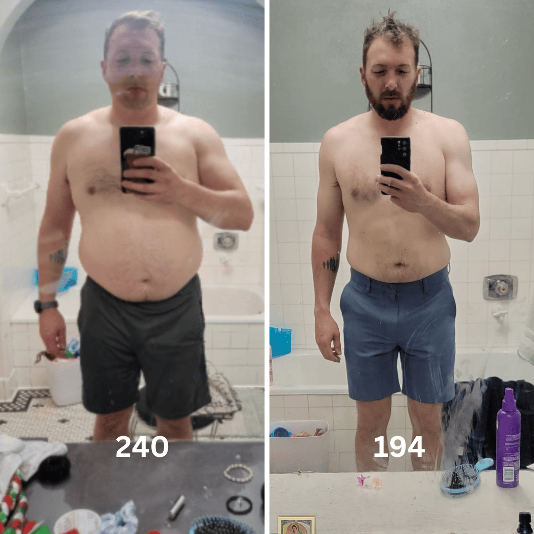 Front-view comparison showing Andrew at 240 and 194 pounds